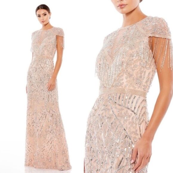 Mac Duggal Platinum Embellished Fringe Cap Sleeve Trumpet Gown size 12 NEW - Picture 1 of 13